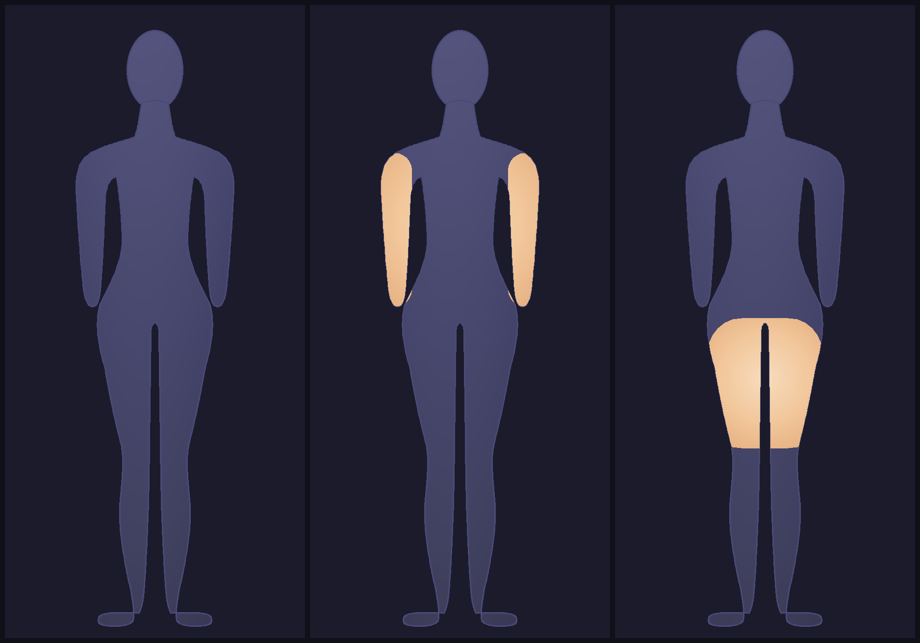 A glowing body map highlighting each muscle group in turn, from arms to thighs