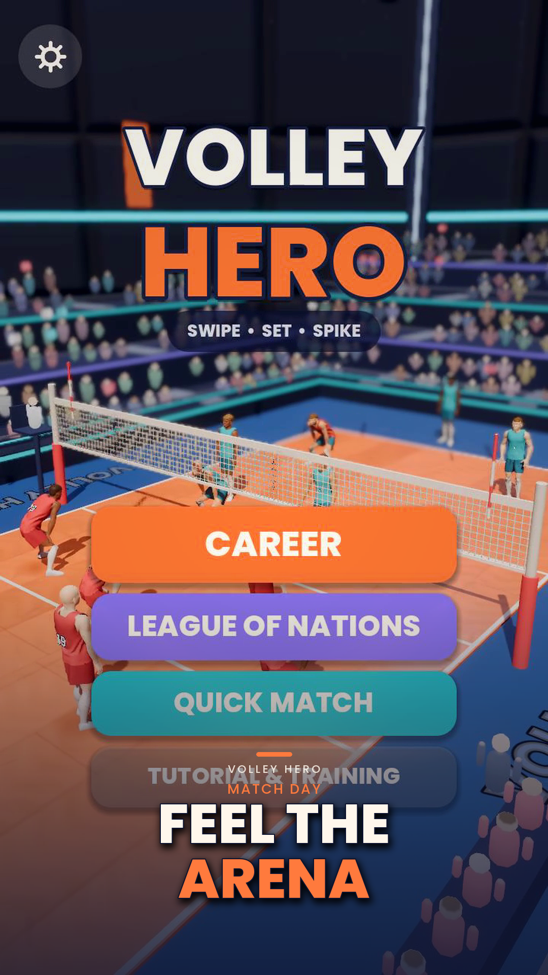 Volleyball Hero menu over a live indoor volleyball arena