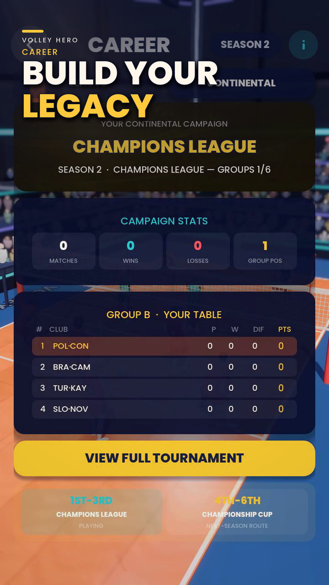The Career screen shows a Champions League campaign and tournament standings