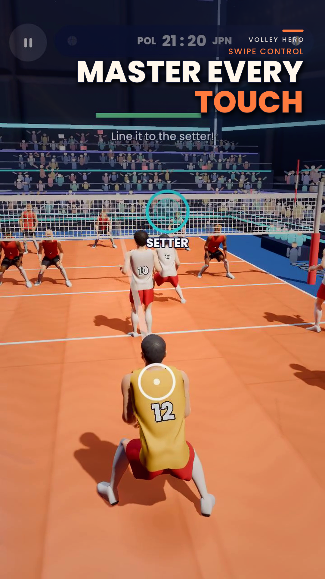 A player draws a pass toward the setter during a close indoor volleyball match